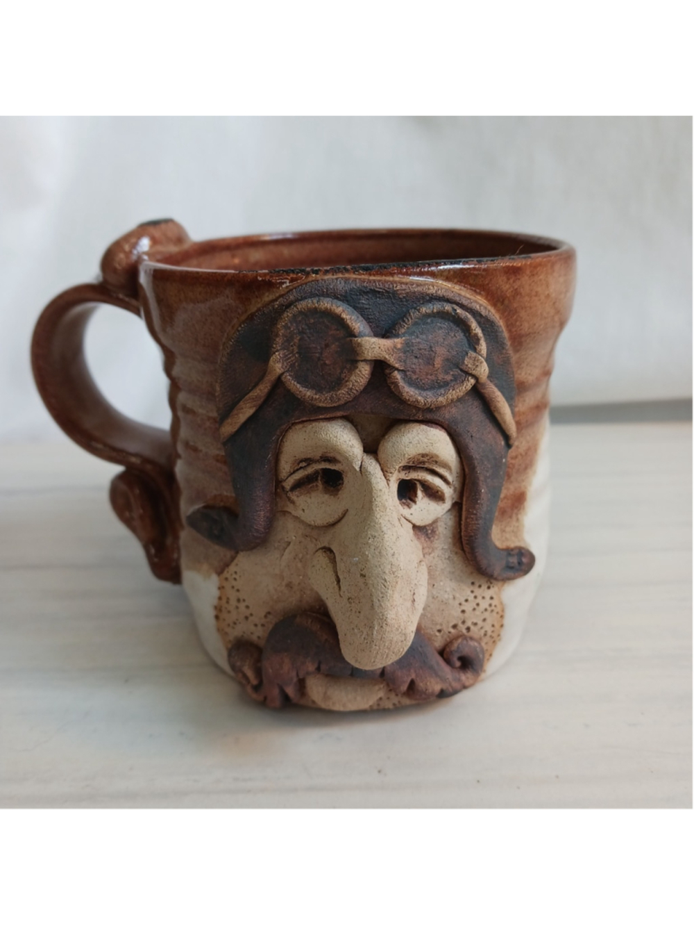 Cowger Art Pottery Ugly Face Mug Aviator Signed Vintage Studio RARE Stoneware